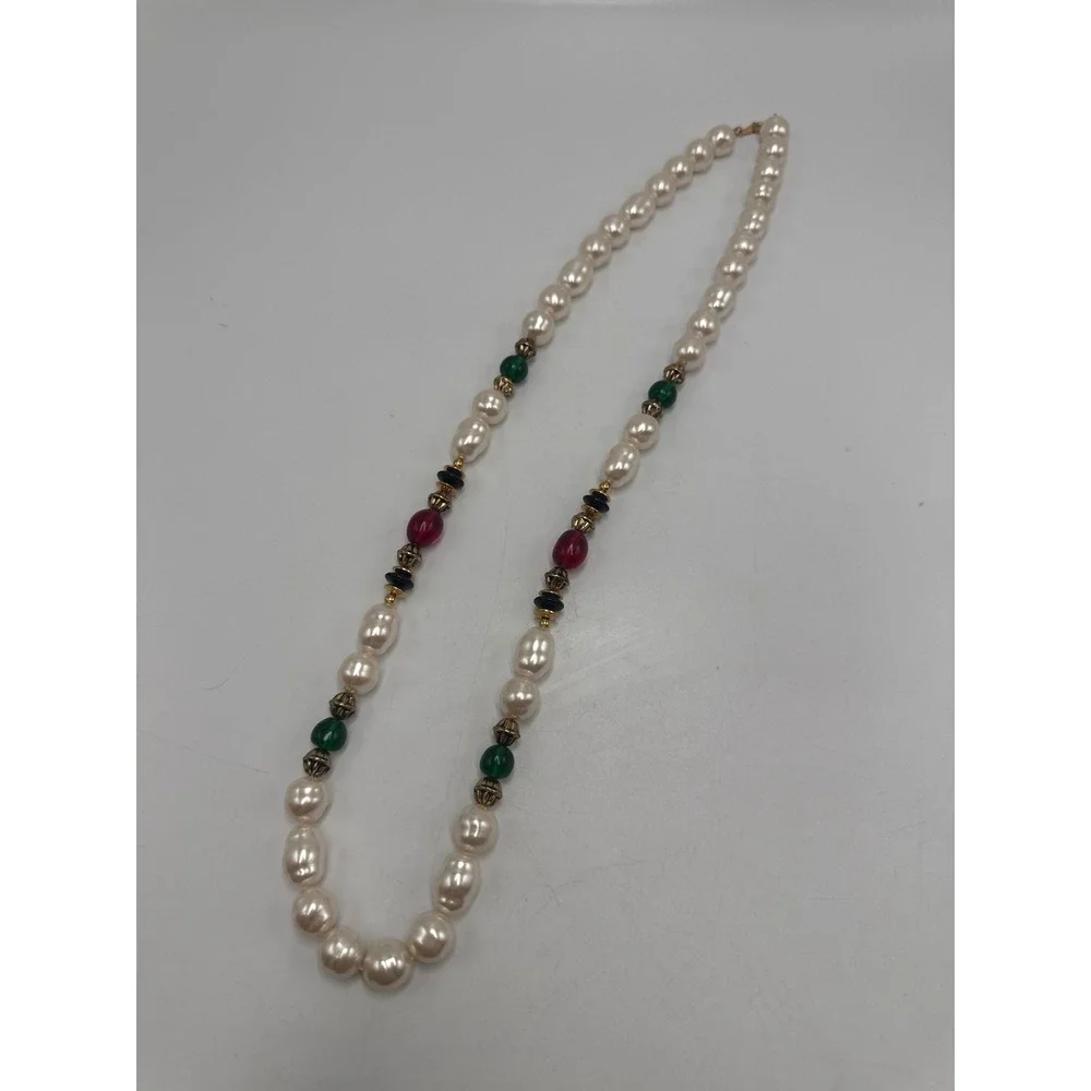 Vintage Faux Pearl Necklace Jewel Tone Green Red Black Gold Tone Bead 30 Inch